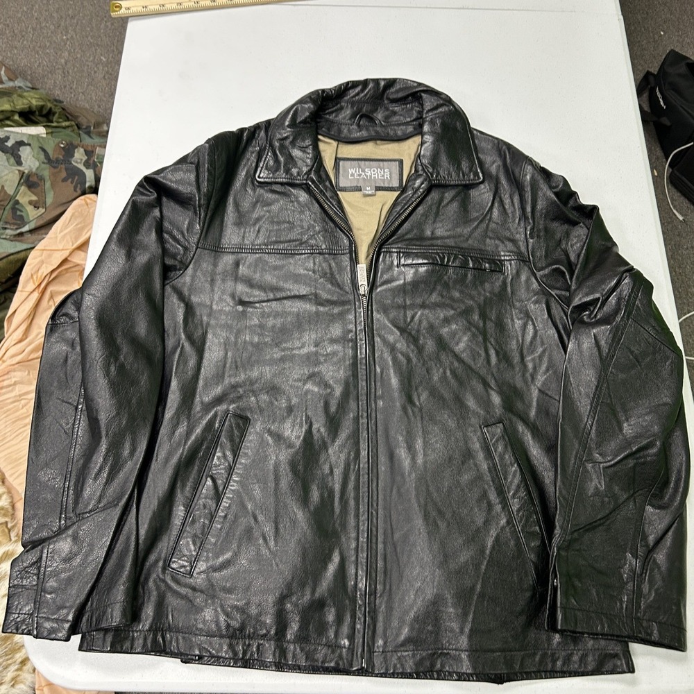 Wilsons Leather Jacket Mens M Black Full Zip Classic Point Collar Moto G2